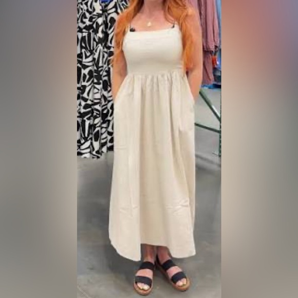 Dalia Dresses & Skirts - Dalia Beige Linen Blend Lined Dress with Pockets - Smocked Back - NWT